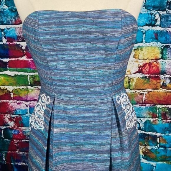 PHOEBE COUTURE Blue purple Striped Silk Blend Strapless Embroidered Dress sz 4 - Picture 3 of 12
